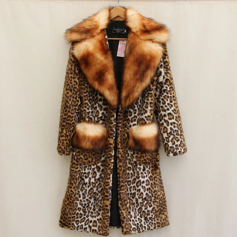 Women's long leopard print faux fur jacket with regular sleeves on a hanger