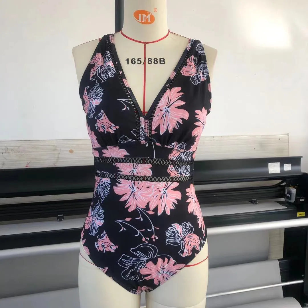 Women's black printing polyester mesh plus-size bikini swimsuit on hanger