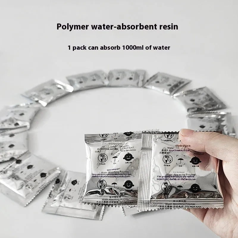 Disposable emergency urine bag kit with curing agent sachets and biodegradable garbage bags for travel.