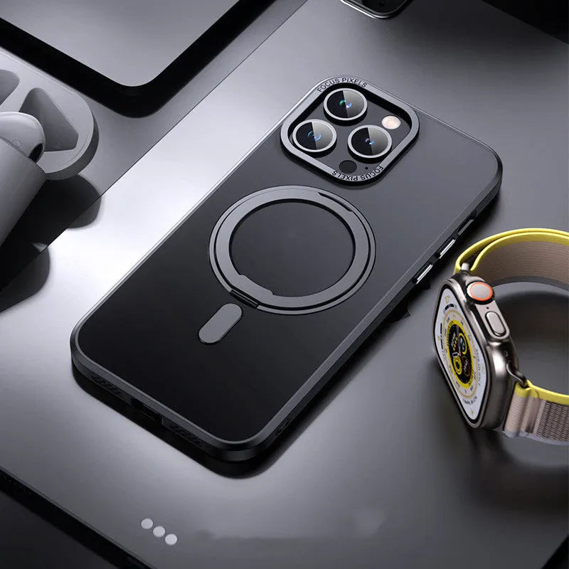 Transparent magnetic protective phone case for iPhone, shown in black, grey, purple and clear colours.