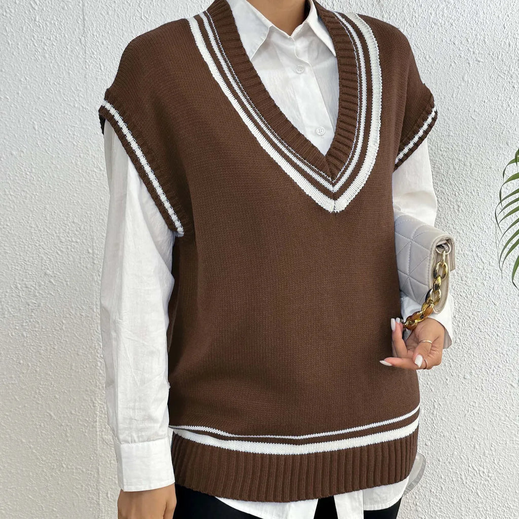 Women's loose-fit college style vest sweater in blue, coffee, and black colour options.