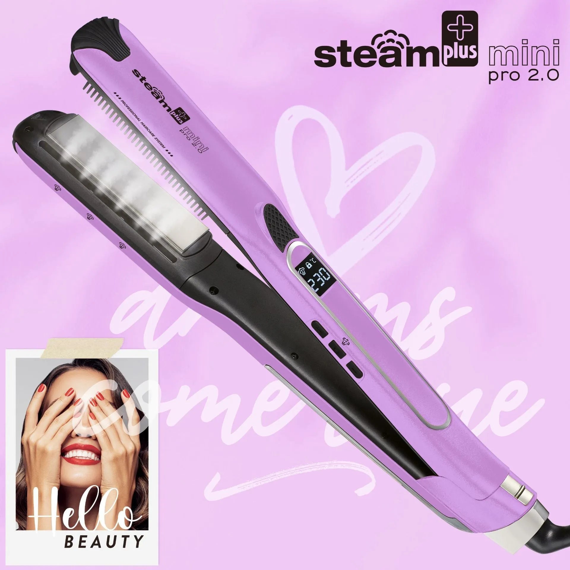 Mini steam spray hair straightener with curling function in champagne, purple or rose red colour