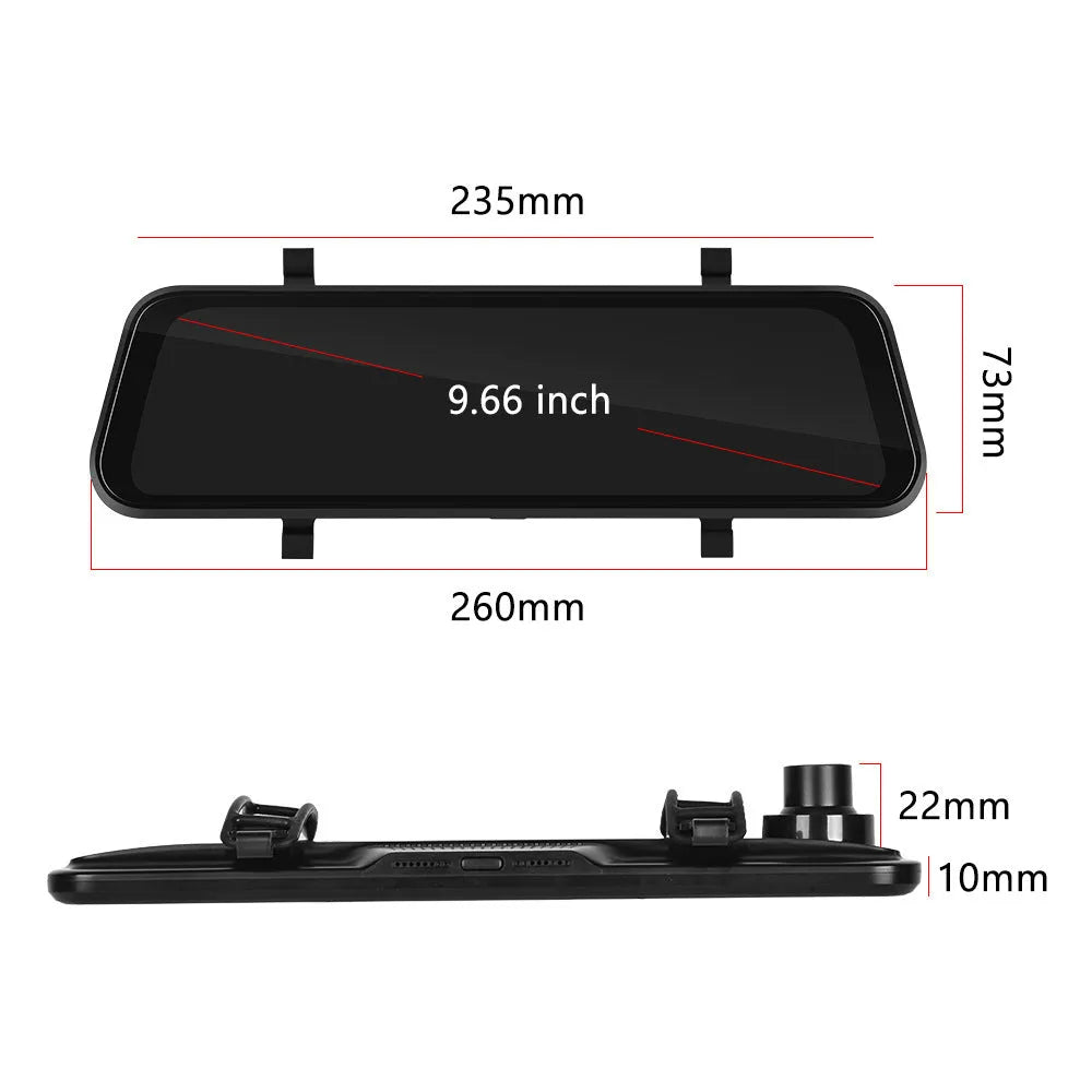 9.66-inch black touchscreen car dash cam recorder mounted on a car windscreen.