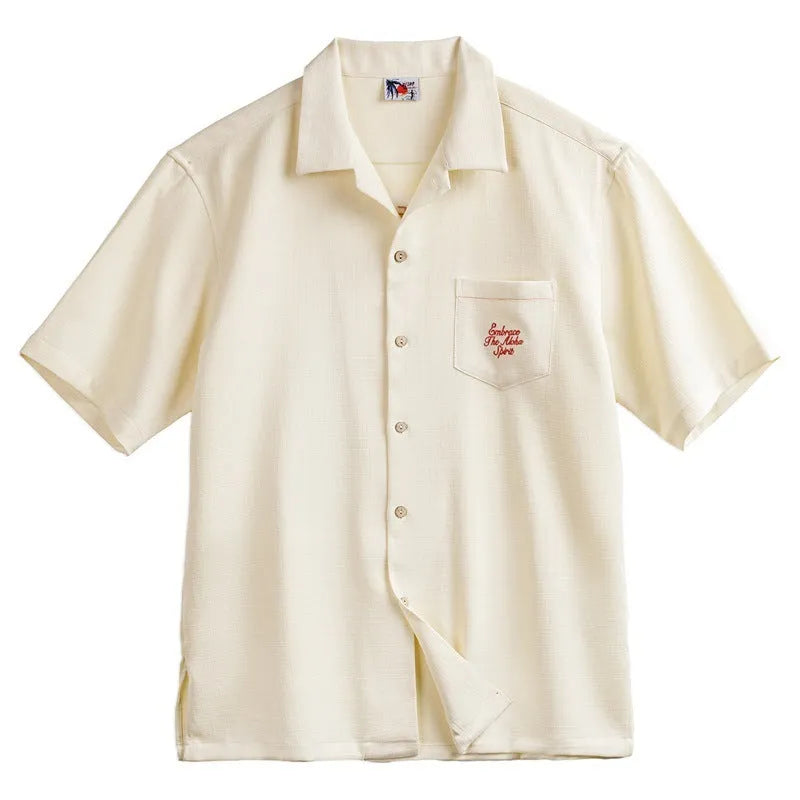 Light apricot men's shirt with bamboo and floral pattern and a Cuban collar
