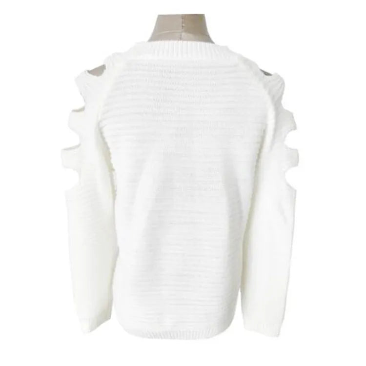 Women's grey crocheted hollow-out long-sleeve pullover shirt laid flat.