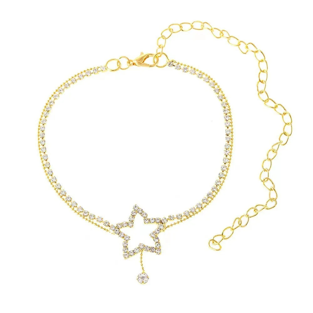 Women's rhinestone five-pointed star heart shape anklet in gold or silver gold-plated finish