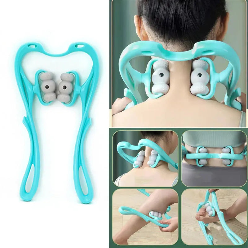 Blue handheld neck massager with pressure points showing 360-degree rotation capability