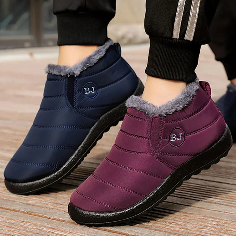 Women's waterproof winter snow boots with cotton lining, sheep shearling insole, low heel, in black, coffee, dark blue, gray, purple