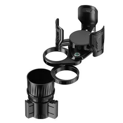 Black adjustable rotating car drink holder with retractable base on a car dashboard.