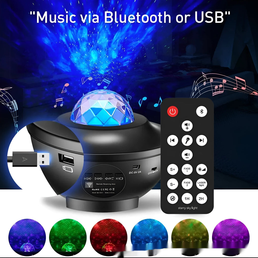 Black desktop star projection lamp with Bluetooth speaker and rotating water ripple laser effects