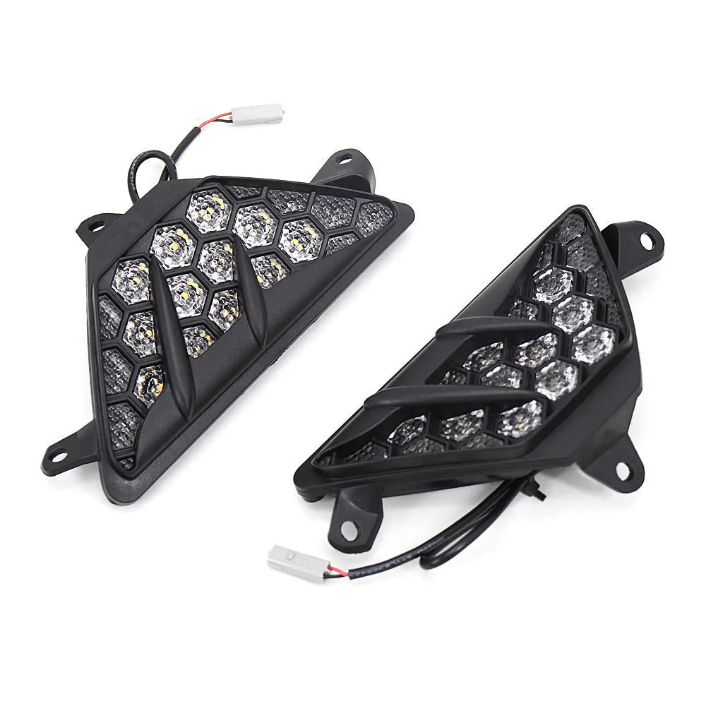 Black Kawasaki Ninja LED turn signal set with hexagonal lens and OEM style plug and play connector