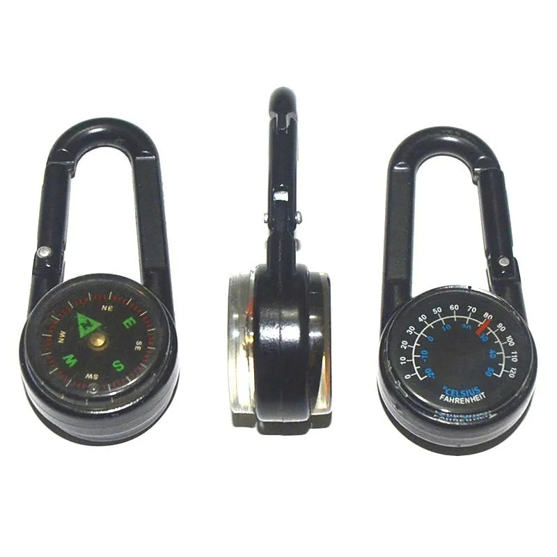 Black zinc alloy camping carabiner with built-in compass and thermometer, showing double-sided button and 65mm size.
