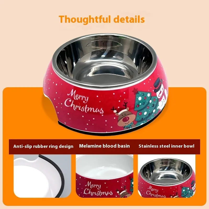 Red Christmas-themed double layer pet bowl with stainless steel insert for dogs and cats