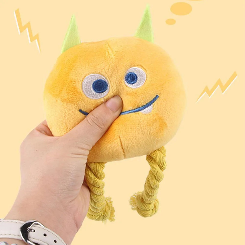 Blue or yellow cotton rope dog squeaky toy with knot design for teething and interactive play