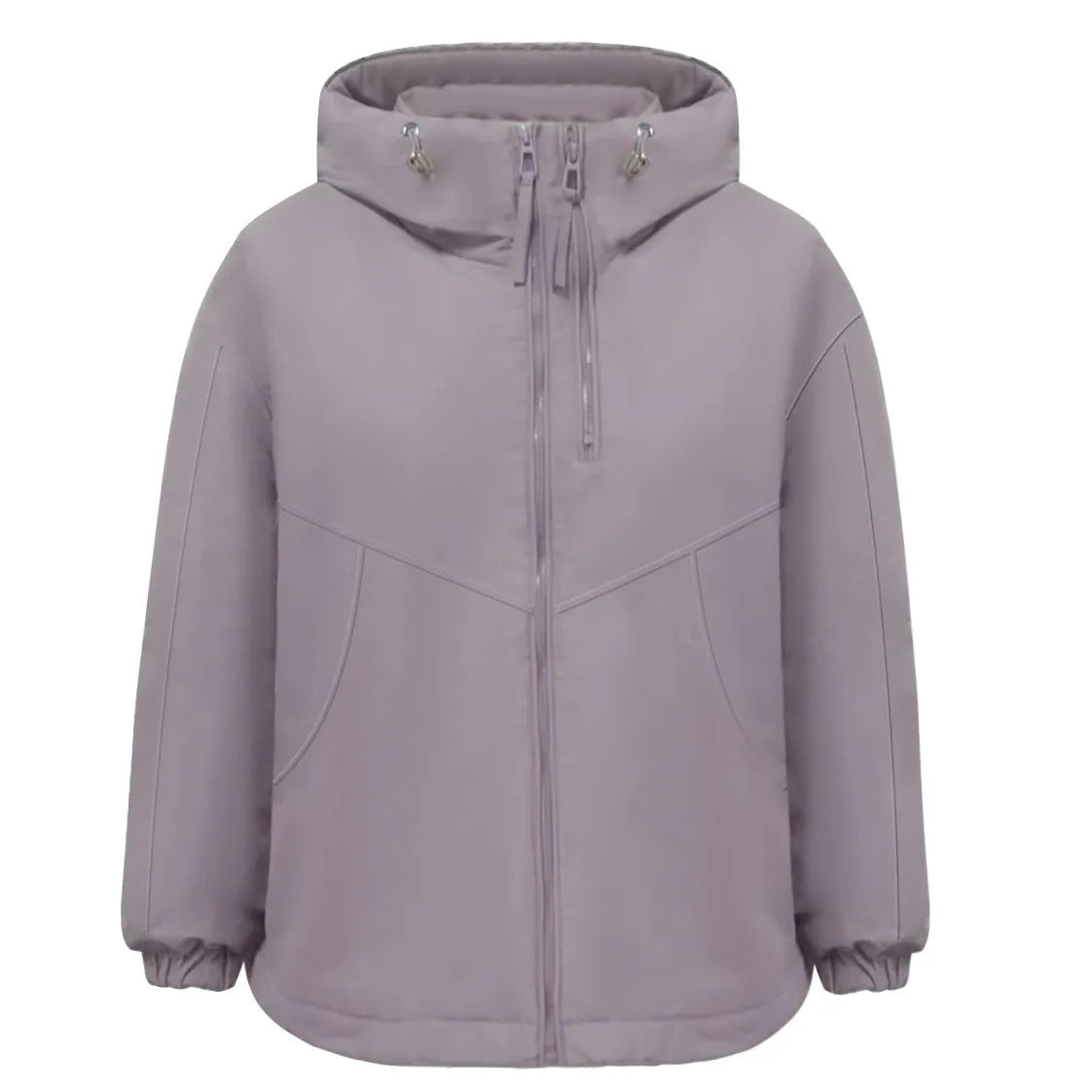 Women's loose-fit hooded shell jacket in grey, black, or purple colours, made from polyester fabric.