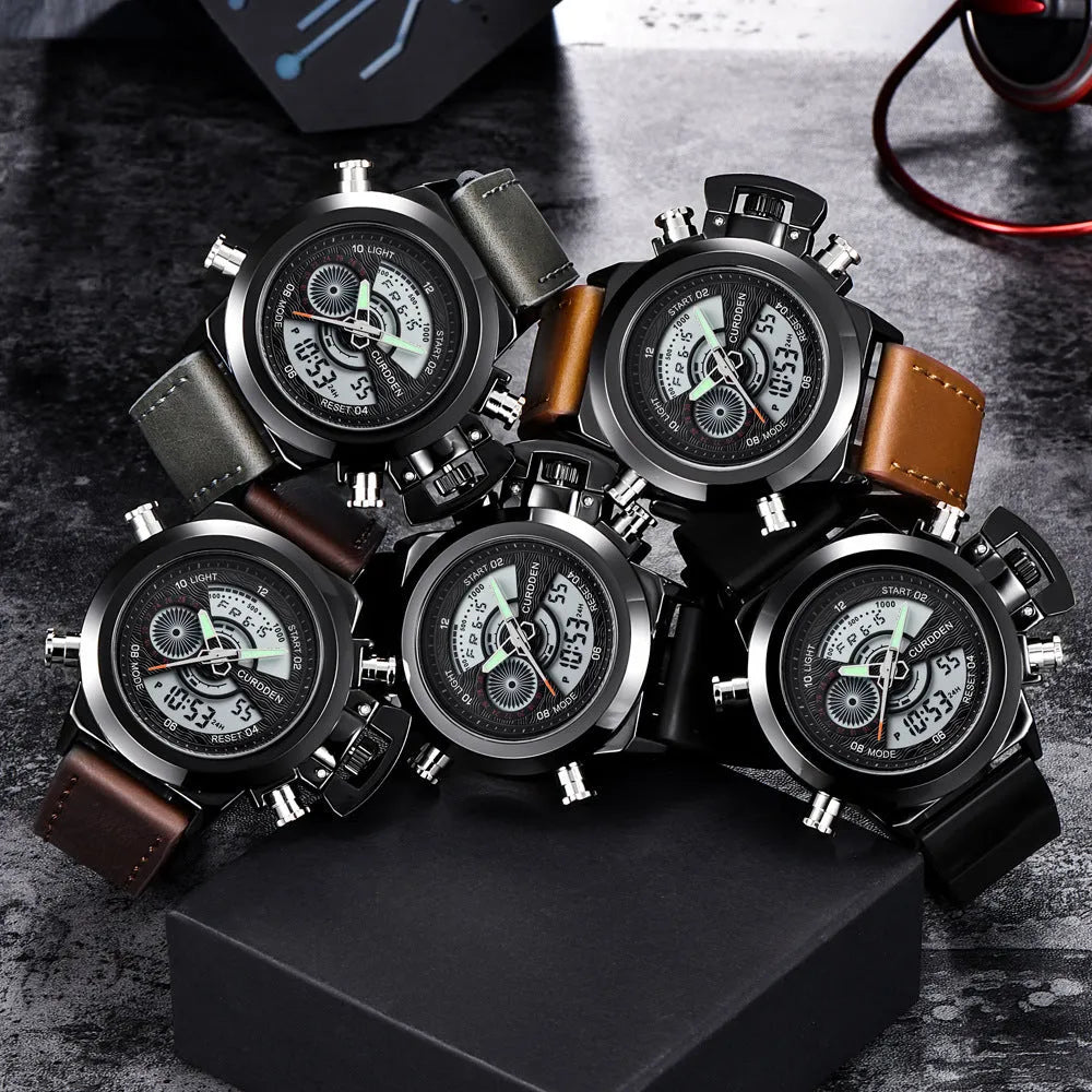 Men's sports watch with dual display, leather strap, black dial, 4.7cm surface diameter