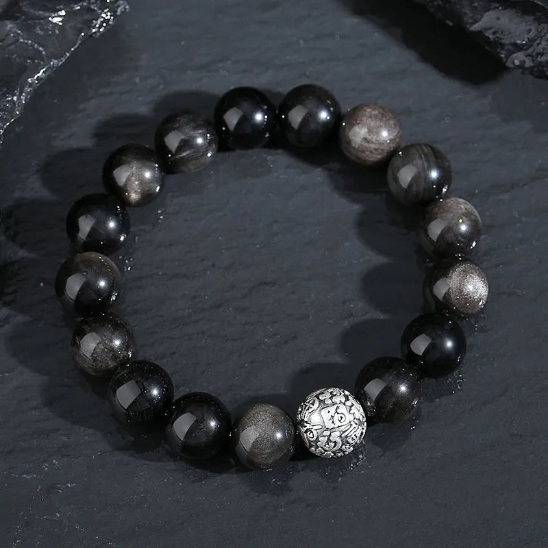 12mm obsidian geometry bead bracelet for men with Fu character and sterling silver accents