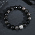 12mm obsidian geometry bead bracelet for men with Fu character and sterling silver accents