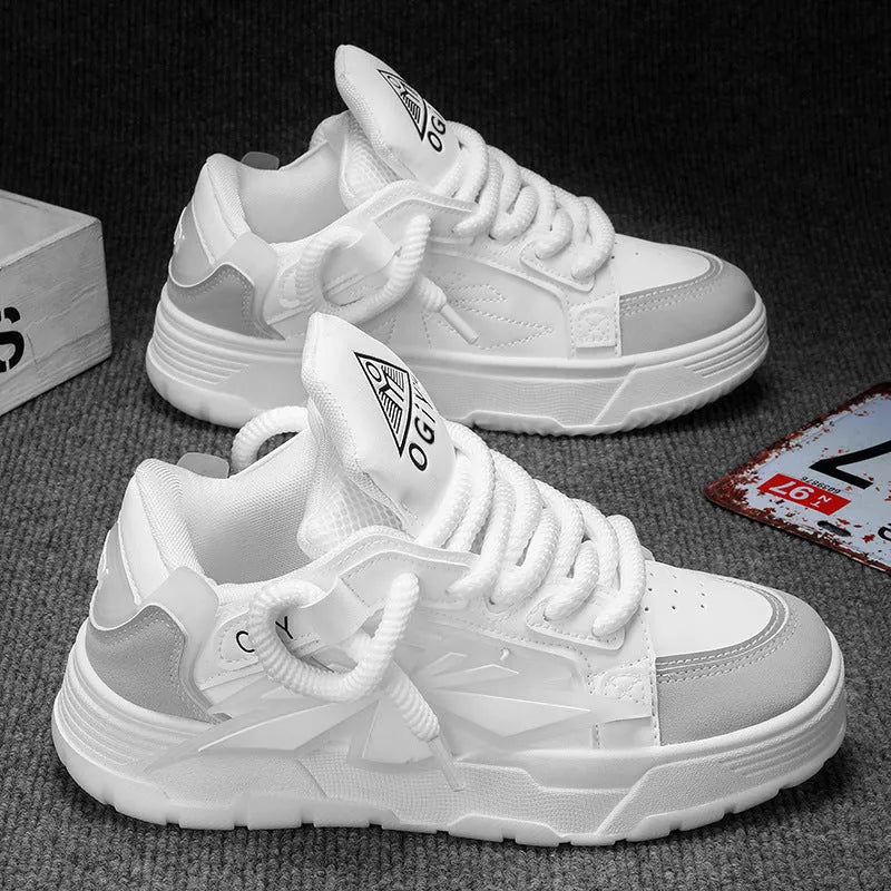 Men's white chunky sneakers with thick rubber sole and lace-up front