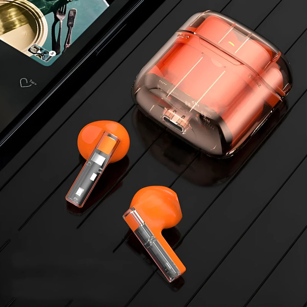 High power TWS wireless headphones Bluetooth 5.3 in white, black, and orange colour options