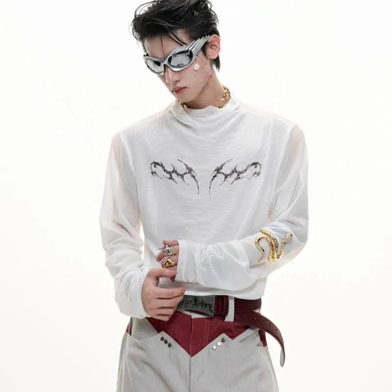 Niche Mesh Ice-feeling Slim Bottoming Shirt in black, showing long sleeves and slim fit on man.