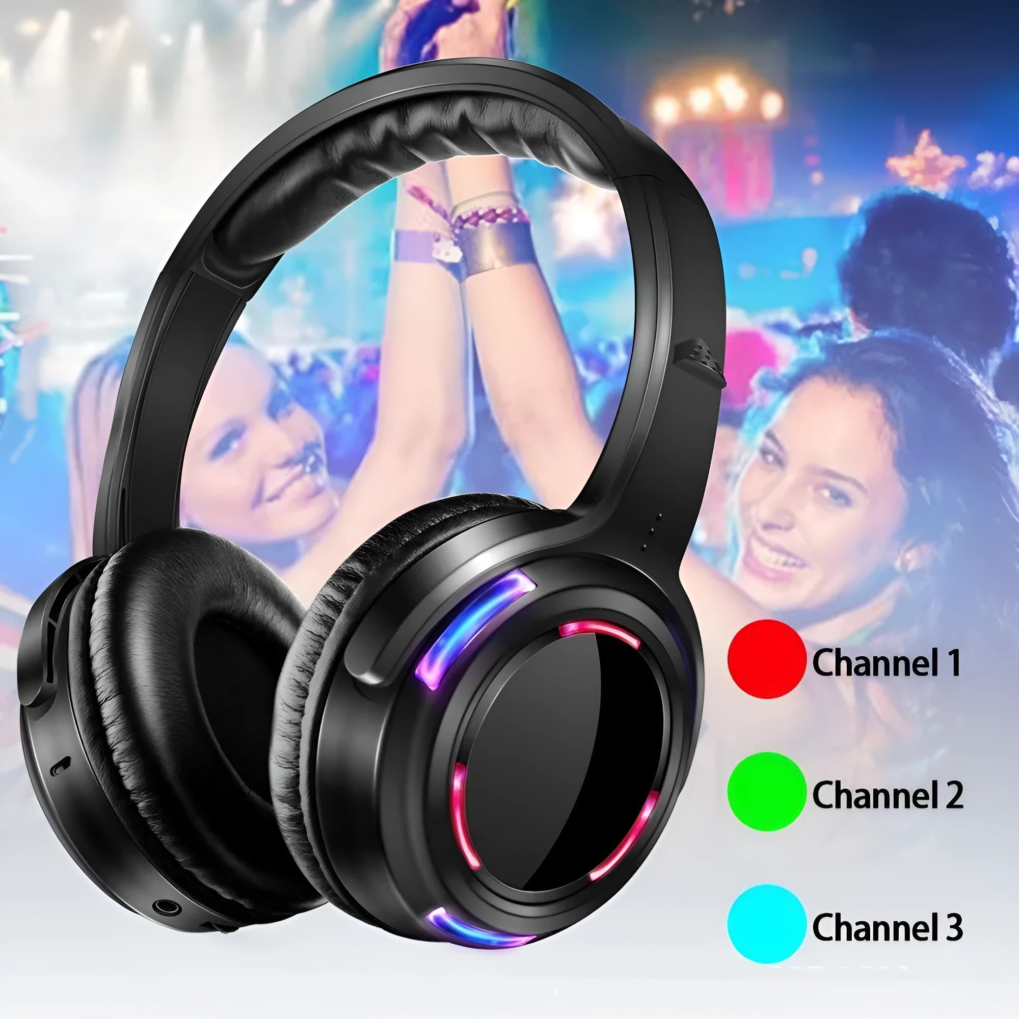Black silent disco wireless headphones with over-ear design and a coiled 3.5mm cable.