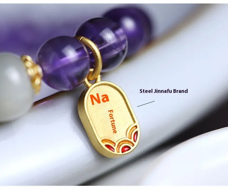 Women's amethyst bracelet with 8mm crystal beads in a geometric, national style design.
