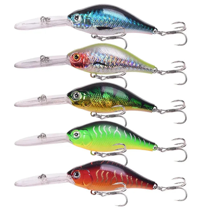 Deep diving mino pattern fishing lure showing floating rock action design