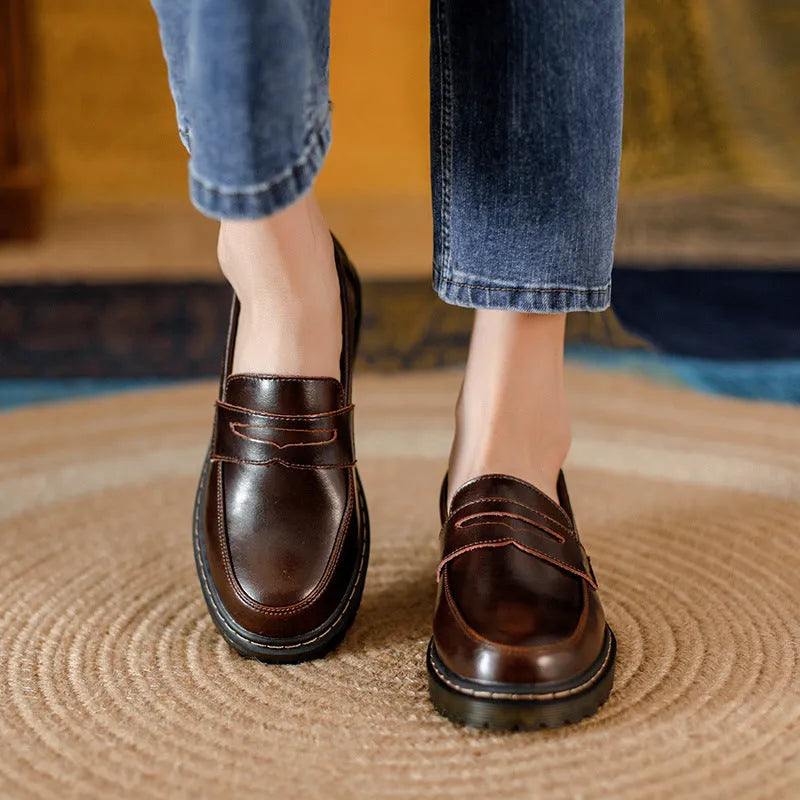 Round head low heel leather shoes for women in vintage brown, side view showing shallow mouth and low heel