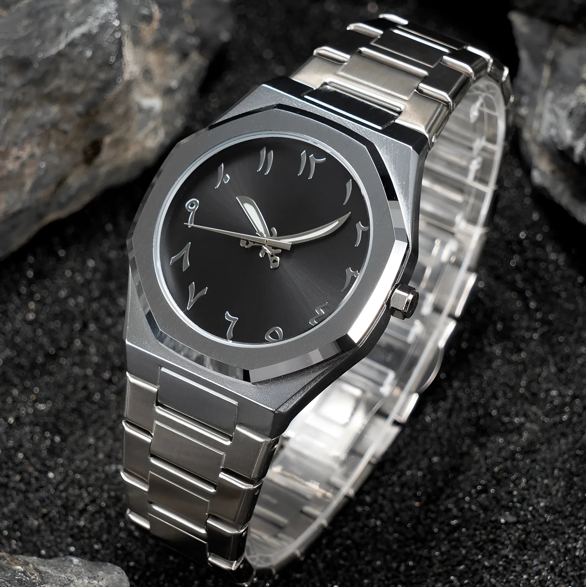 Men's business casual stainless steel quartz watch with 10mm thickness on wrist