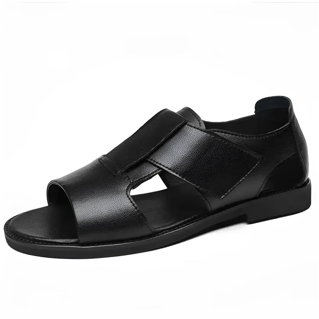 Men's black and brown leather casual sandals with open-toe design and rubber soles