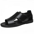 Men's black and brown leather casual sandals with open-toe design and rubber soles