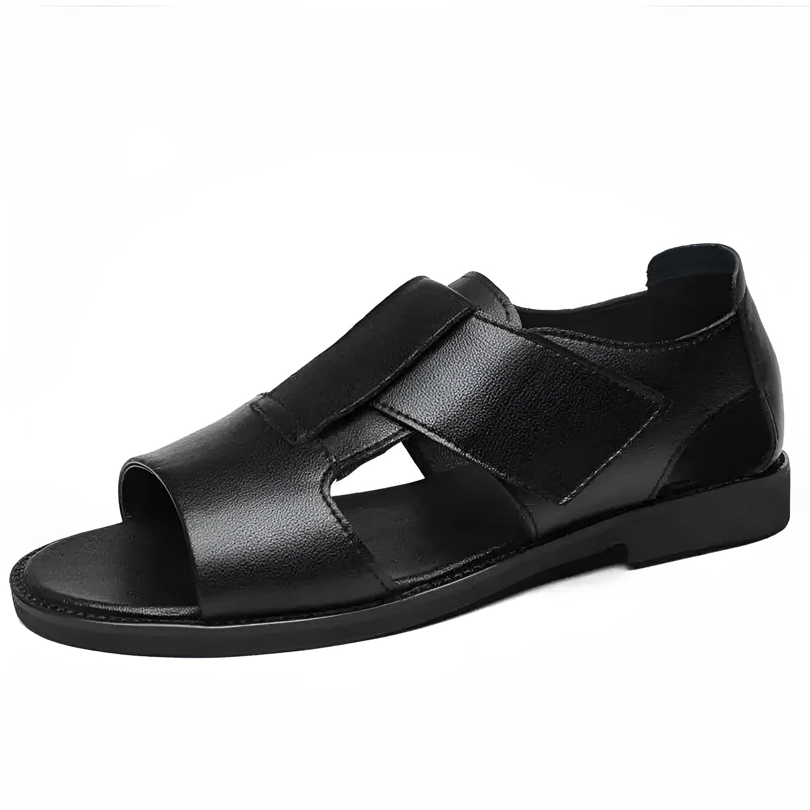Men's black and brown leather casual sandals with open-toe design and rubber soles