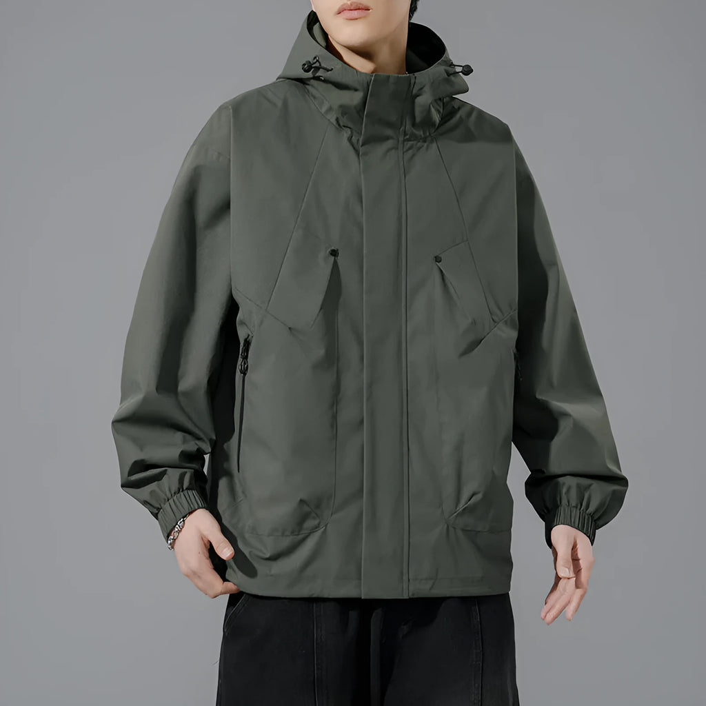 Men's plus size hooded casual coat in khaki, front view, polyester blend, spring autumn
