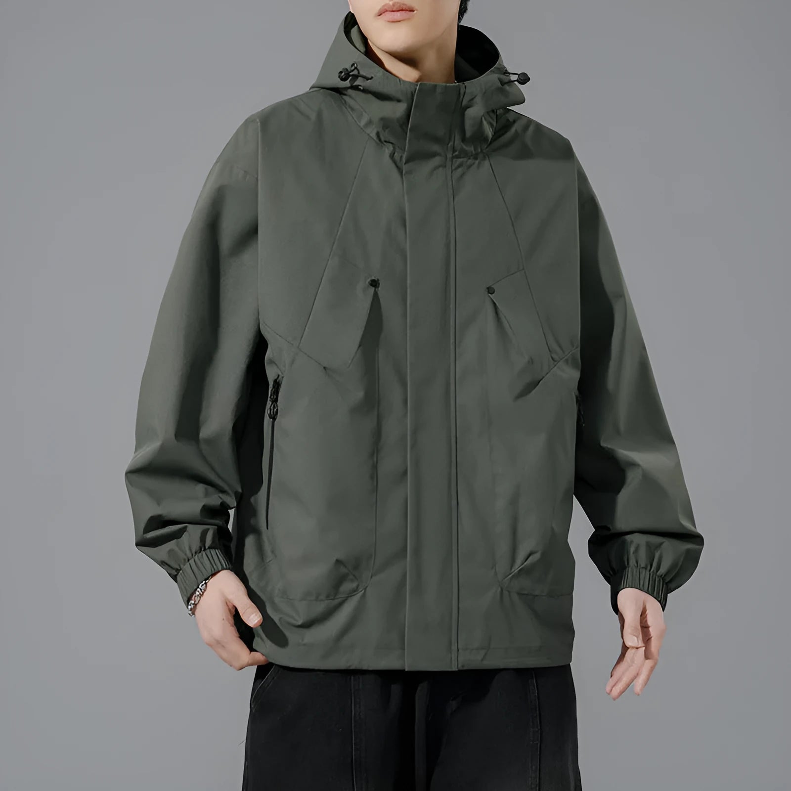 Men's plus size hooded casual coat in khaki, front view, polyester blend, spring autumn