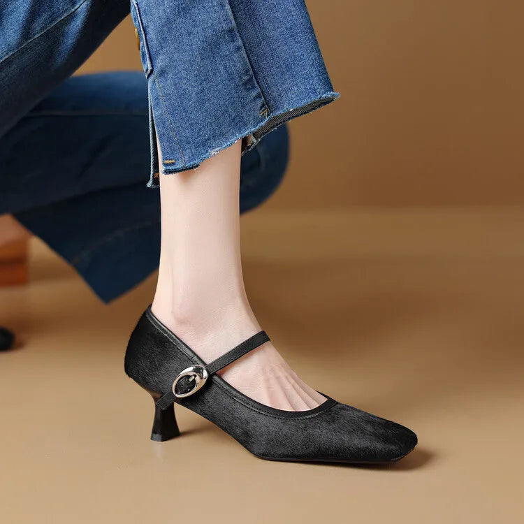 Women's black square toe stiletto heel ankle-strap shoes with horse hair upper