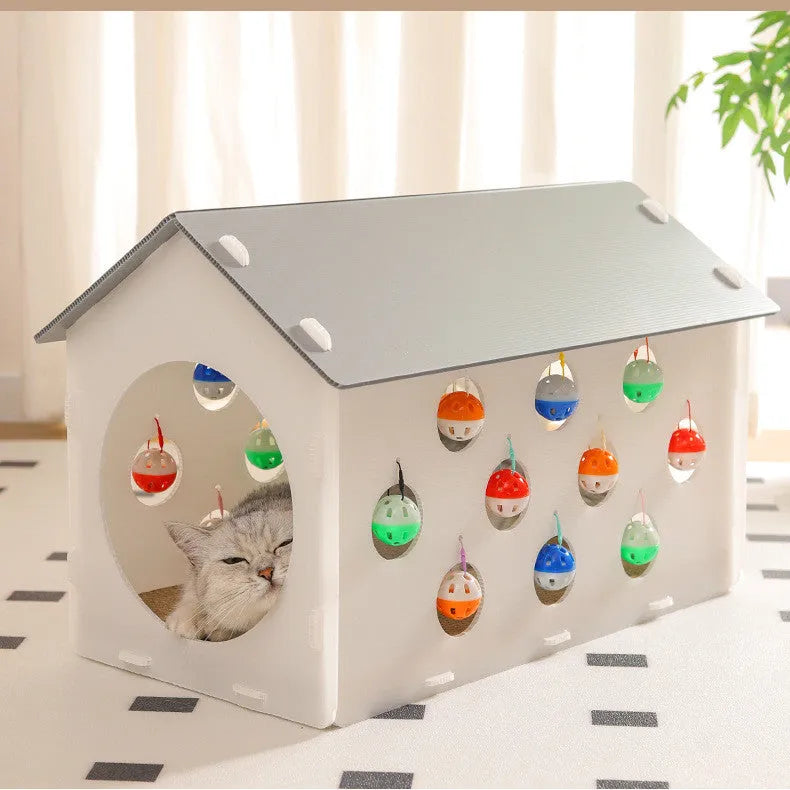 Plastic integrated cat scratch board, nest, and tunnel toy with a bell ball