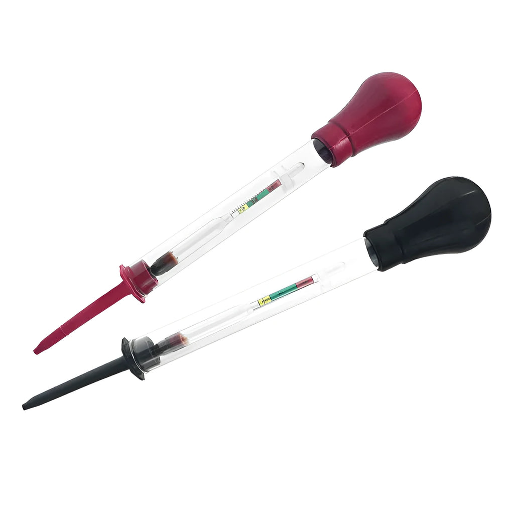 Electrohydraulic hydrometer for automobile battery testing with glass construction and suction mechanism