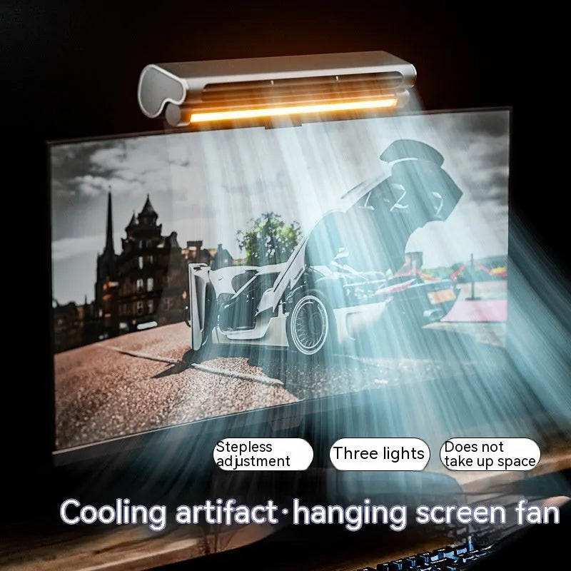 Black bladeless USB desk fan with clip attached to a laptop screen, showing integrated LED light.