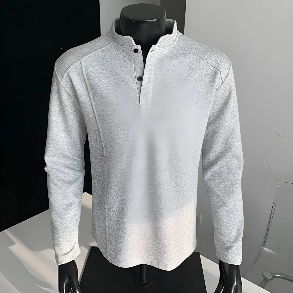 Men's stand-up collar polo shirt with asymmetric patchwork design in grey colour