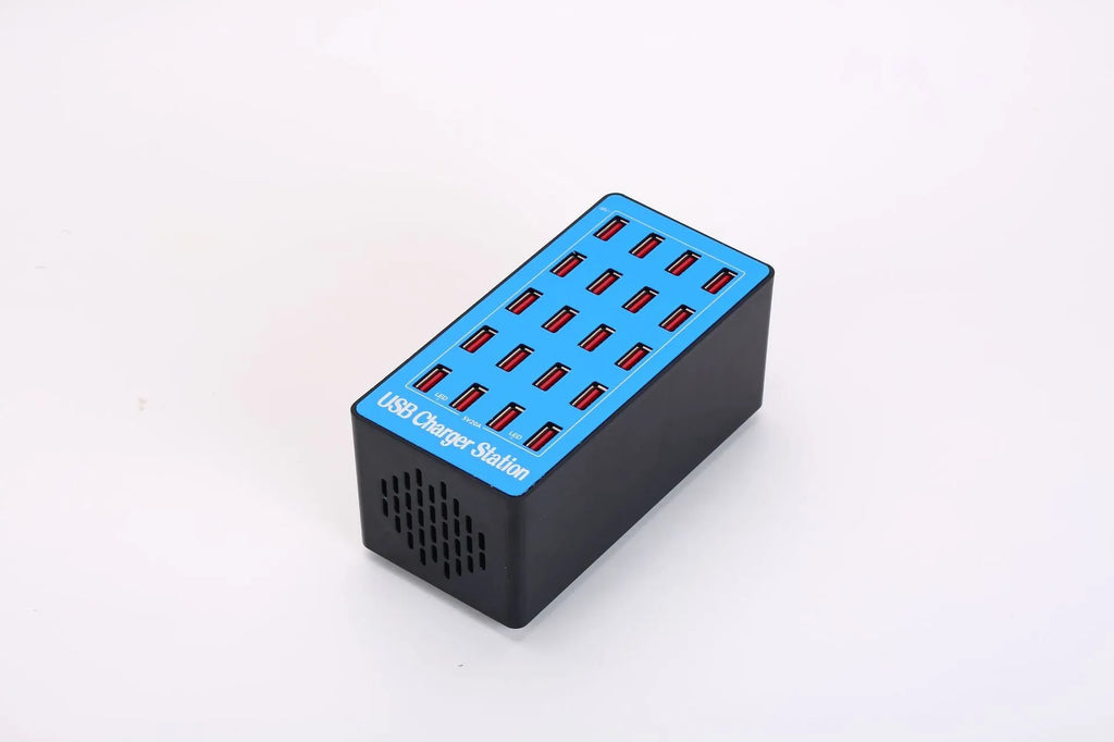 Blue 20-port USB charging station with PC ABS fire retardant housing and 100W total output