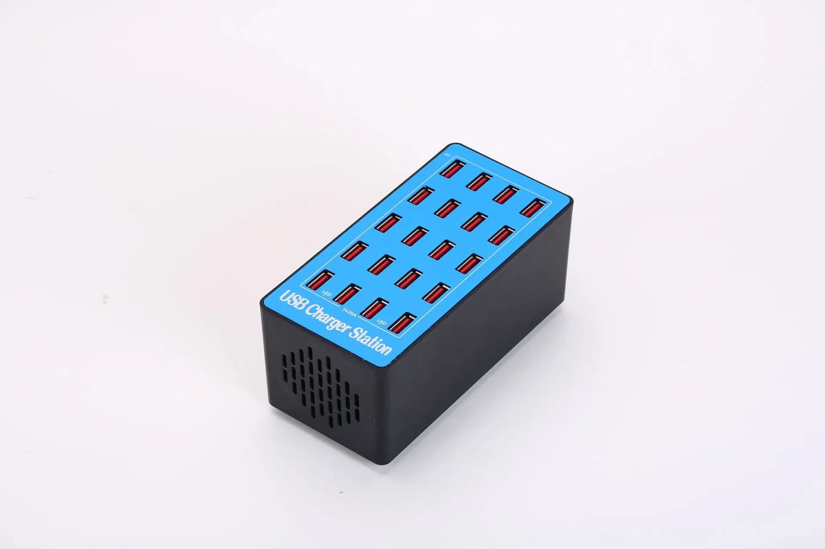 Blue 20-port USB charging station with PC ABS fire retardant housing and 100W total output