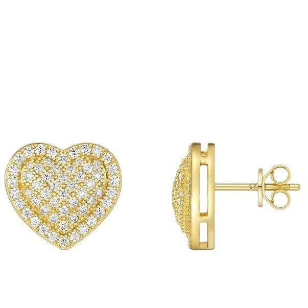 Golden heart-shaped stud earrings made from S925 silver with moissanite stones