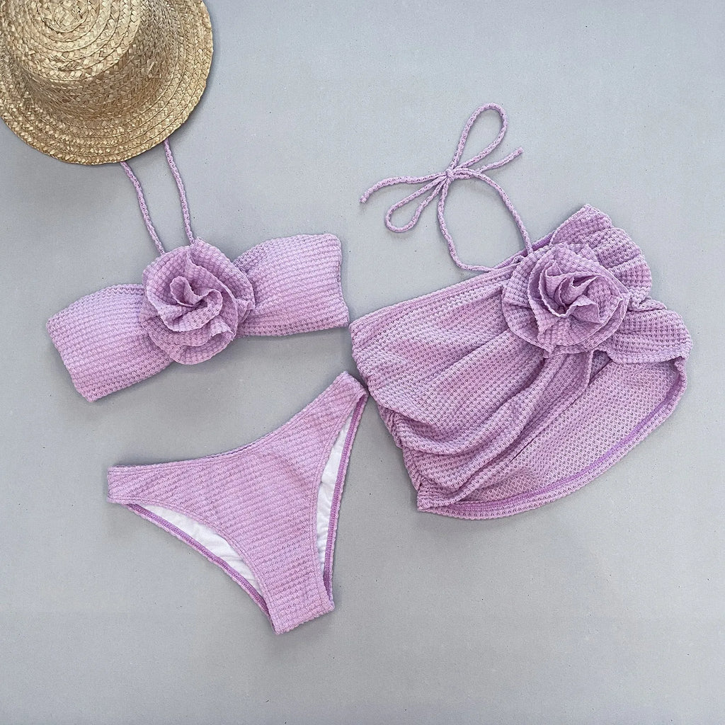 Women's 3D flower split swimsuit bikini set in white or purple with high elasticity nylon fabric