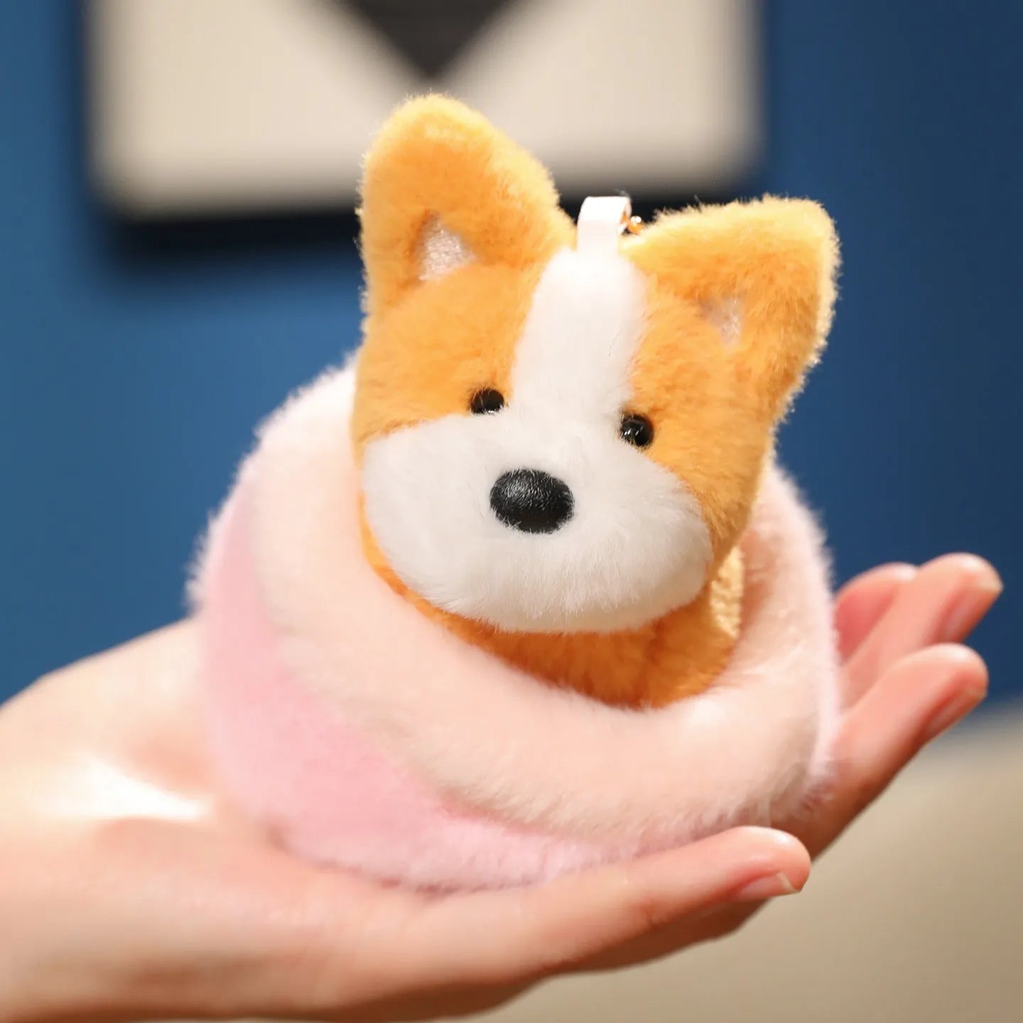 9cm dog plush toy keychain pendant of a Corgi with PP cotton filling and a keyring loop