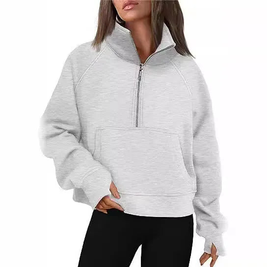 Loose lapel fleece-lined women's sweater in a solid colour with raglan long sleeves.