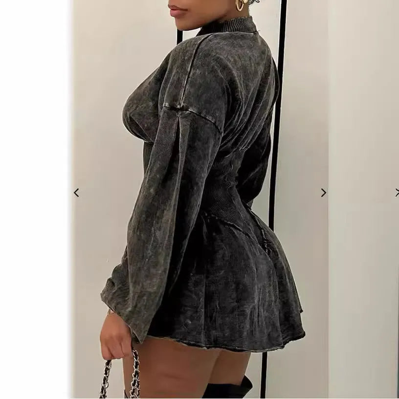 Grey slim-fit A-line dress with a drawstring waist, long sleeves, and digital printing.