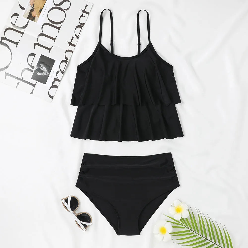 High waist women's swimsuit with floral coconut tree print, a two-piece bikini set.