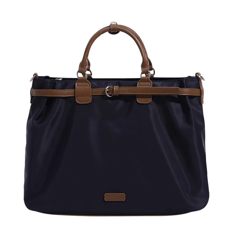 Women's nylon shoulder tote bag in creamy-white colour showing internal compartments and three shoulder straps
