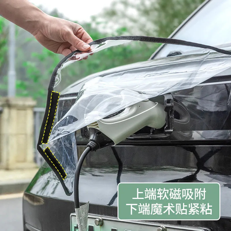 Black waterproof PVC rain cover for electric vehicle charging gun, shown with magnetic strips.